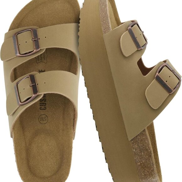 Shoes - Women's Suede Platform Sandals Faux Leather Double Buckle Wide Width Summer